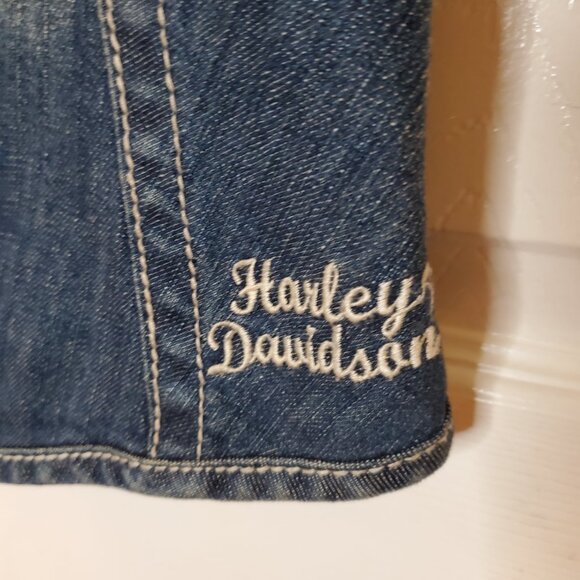 Harley-Davidson MEDIUM Rhinestone Bejeweled Blue Denim Zip Up Vest - Picture 9 of 9